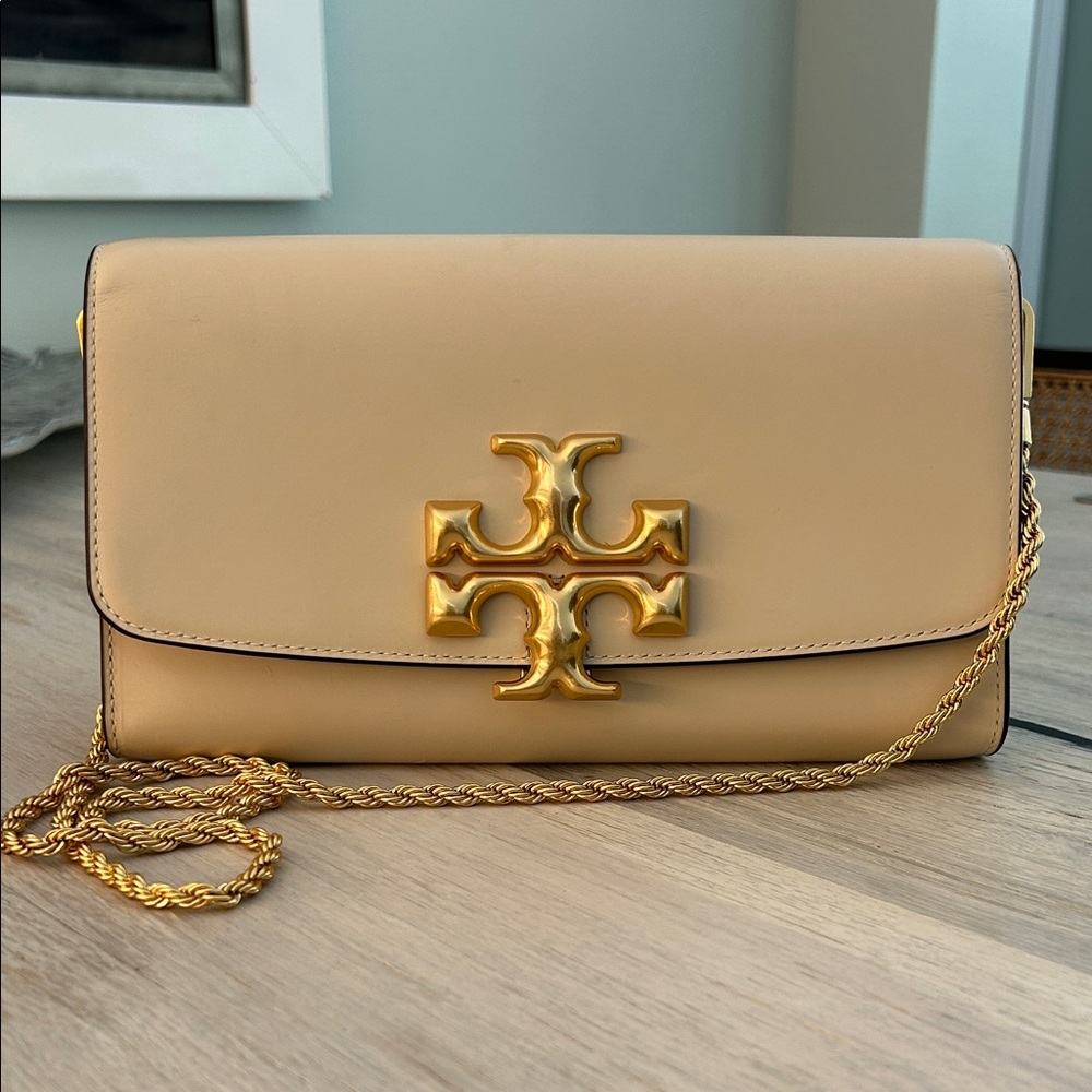 Tory Burch Beige Clutch with Gold Accents